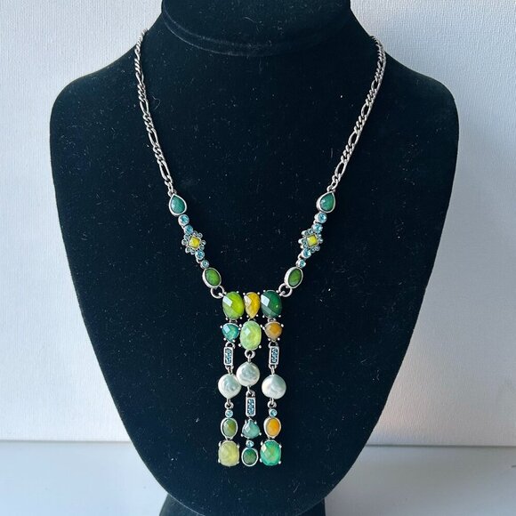 Vintage Gemstone Statement Necklace Silver Drop – Green, Yellow & Pearl Accents - Picture 1 of 6